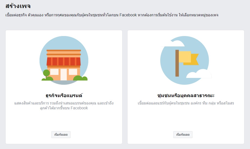 เลือกประภทของเพจที่เราจะสร้าง