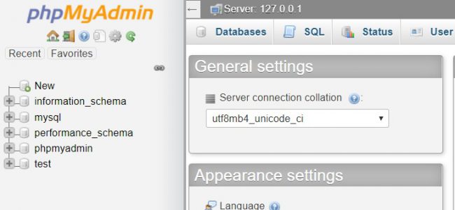 phpMyAdmin Home page